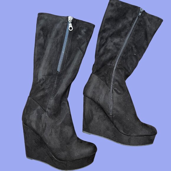 Y2K Black Platform Wedge Knee High Boots Size 8 Faux Suede Zippers Indie Sleaze - Picture 1 of 13